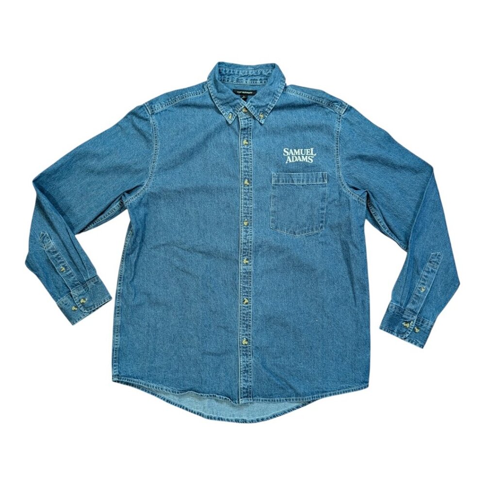 Samuel Adams Boston Brewery Chambray Denim Button Down Shirt Size L Beer Bar